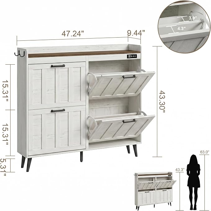 ChooChoo Shoe Storage Cabinet with 4 Flip Drawers and Deodorizer | Shoe Organizer Storage for Entryway, Freestanding Hidden Slim Narrow Shoe Rack Cabinet, Antique White & Brown
