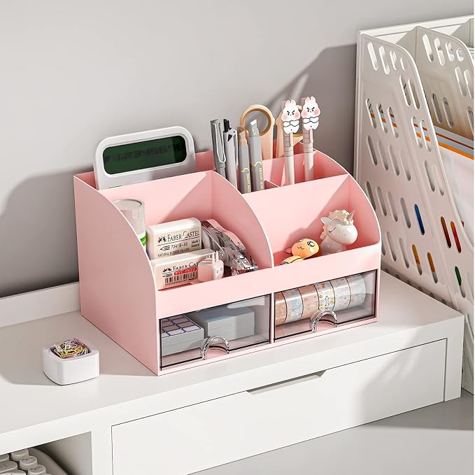 COMFYROOM Desk Organizer with 6 Compartments and 2 Drawers, Plastic Makeup Organizer, Pen Holder for Desktop Storage, Desk Organization for School, Home, Office Supplies Pink-2Pack