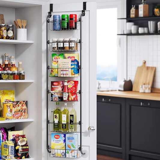 Delamu Narrow Over the Door Pantry Organizer, 6-Tier Metal Pantry Door Organization and Storage for Easy Install, Hanging Spice Rack Seasoning Shelves for Cabinet & Kitchen, D5 x W13 x H50 inch, Black