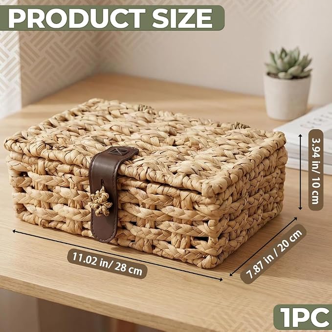 Decorative Boxes with Lid Water Hyacinth Woven Decor Wicker Storage Basket | Small Rectangular Woven Shelf, Cute Wicker Storage Baskets, Bins for Coffee Table, Organize Snack Home Decor