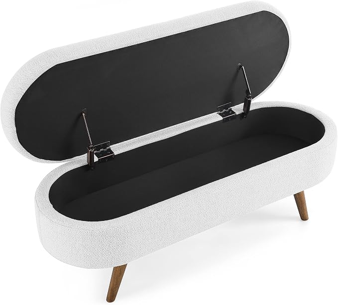 43.5” Storage Ottoman Bench，Upholstered Oval End of Bed Bench for Bedroom | Modern Linen Ottoman with Storage, Entryway Foot Rest with Wooden Legs, Lift-Top Lid with Safety Hinge, Living Room, White