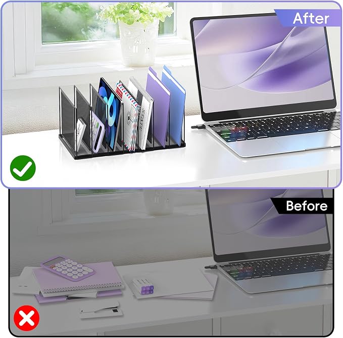 File Organizer for Desk, 7-Section Vertical File Sorter, Paper Holder Organizer Standing Metal File Folder for Office Home Classroom, Black