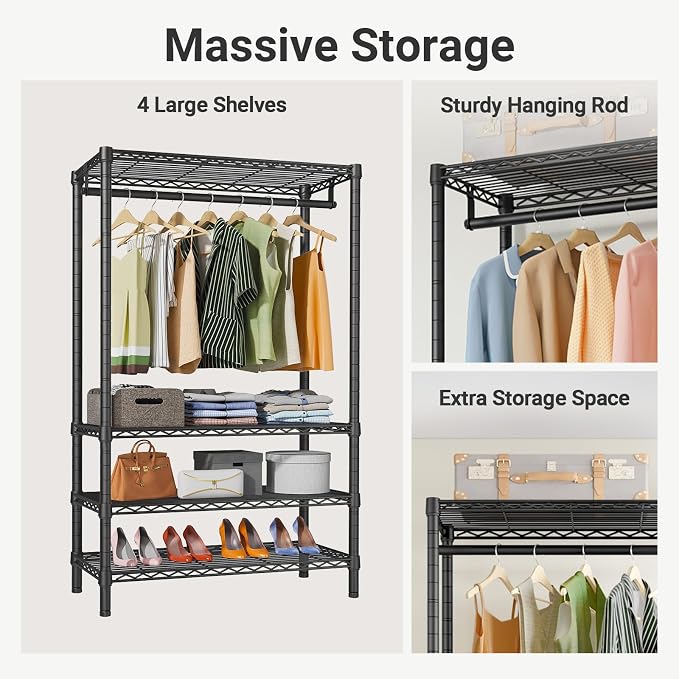 VIPEK V1 Wire Garment Rack, 4-Tier Clothes Rack, Freestanding Closet, Black | 4-Tier Storage with Hanging Rod, Freestanding Design Fits Bedroom/Closet/Laundry Rooms, 35.4 x 15.7 x 70.9 in, Max Load 500lb