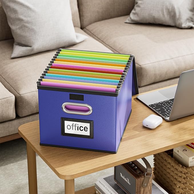 File Organizer Box with Lids, Collapsible File Folder Organizer | File Box with Plastic Slides for Document, Filing Bin for Letter Size Hanging File Folders (4 Pack, Navy Blue, Leather)
