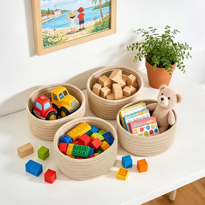 Dahey 4 Pcs Mini Woven Baskets Set, Small Cotton Rope Storage Bins for Organizing, Cute Tiny Round Decorative Baskets for Gifts, Living Room Bathroom Home Decor, 7.09" W x 3.15" H, Beige