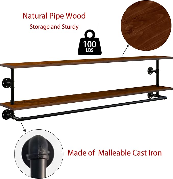 Clothes Rack 70in, Wall Mounted Garment Rack with Real Walnut Wood Shelf, Heavy Duty Hanging Clothes Rack, Multi-Purpose Hanging Rod, Space-Saving Closet Storage