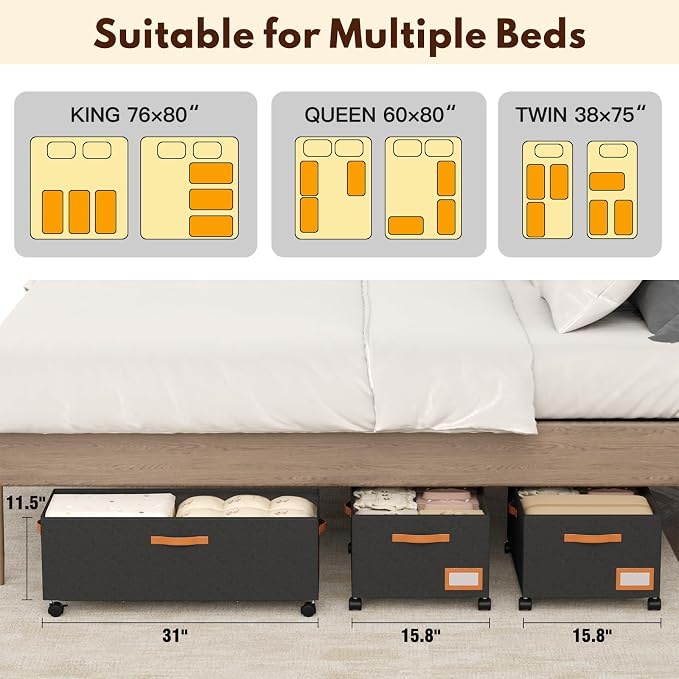 Under Bed Storage with Wheels, 12" Height Under Bed Storage Extra Deep Under Bed Storage Containers, Perfect for 14'' Bed Frame, No Assemble Metal Rolling Underbed Storage for Clothes Shoes Blankets
