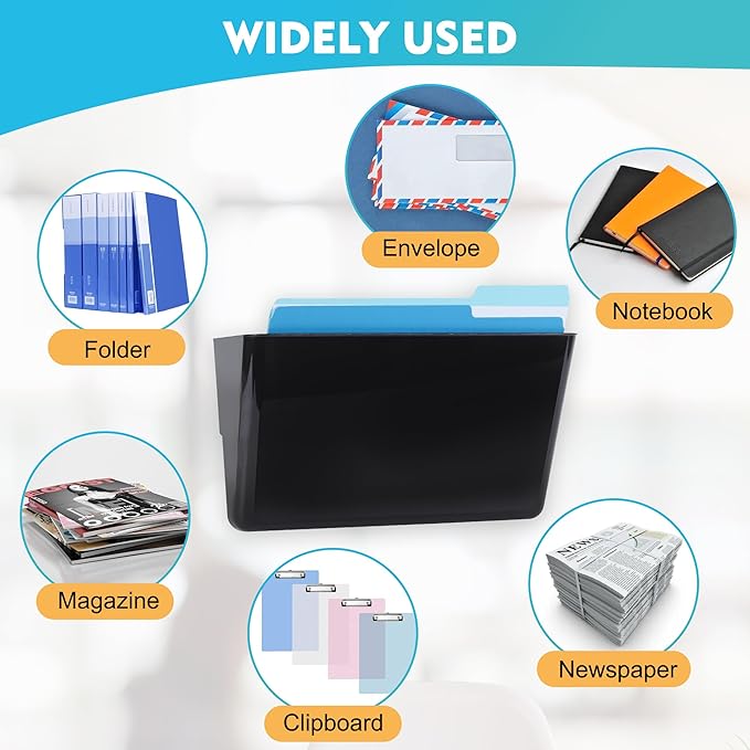 EASEPRES 8 Pack Black Plastic Single Pocket Hanging File Organizer, Wall Mount Paper Mails Magazines Holder, Mounted Folder Bins for Office School and Home, 12.99x4.13x7.48 inches