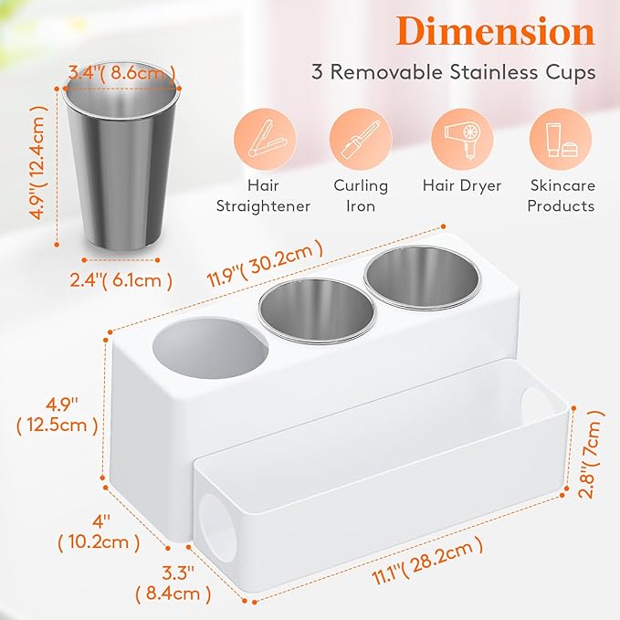 Lifewit Hair Tool Organizer Dryer Holder Countertop with 3 Cups, White | 3 Stainless cups Tools Organizer, Acrylic body Hair Product Storage for Curling Iron, Brush, Straightener, Bathroom