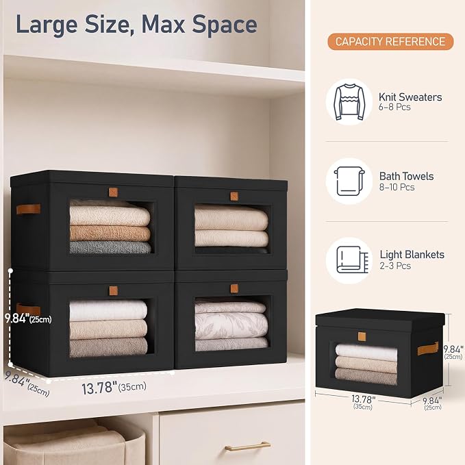DIMJ Storage Bins with Lids - 6 Pack Large Fabric Closet Organizer with Window & Handles, Collapsible Decorative Storage Boxes for Shelves Under Bed, Books Clothes Blankets Sweaters Organization