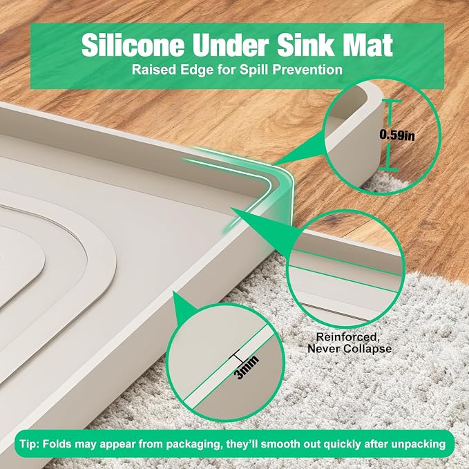 Under Sink Mat 34" X 22", Waterproof Silicone Cabinet Kitchen Liner, Beige | BPA-Free Raised-Edge Cabinet Protector & Leak Tray for Bathroom Cabinets, Boots, Pet Feeding Dog & Cat Mats, Dishwasher Safe