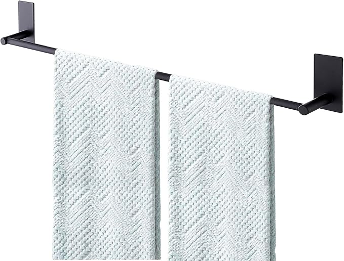 Adhesive Bath Towel Bar 24-inch Black, No Drill Stick On Towel Rack, Easy Install with Self-Adhesive, Premium SUS304 Stainless Steel (Black, 24)