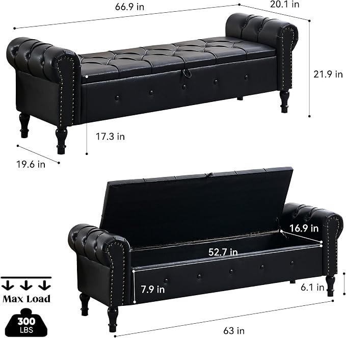 Storage Bench 67" Faux Leather End of Bed Benches Obsidian Black | King Size Storage Bench for Bedroom with Rolled Arms Tufted Ottoman Benches Upholstered Bench for Living Room Entryway