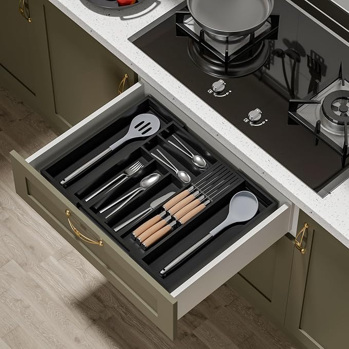 Expandable Bamboo Silverware Drawer Organizer Kitchen Tray, Black | Removable Knife Block, Holds 7 Knives, Adjustable Dividers, 12.6-21.45 x 16.3 x 2.13 in, Drawer Insert for Utensils, Forks