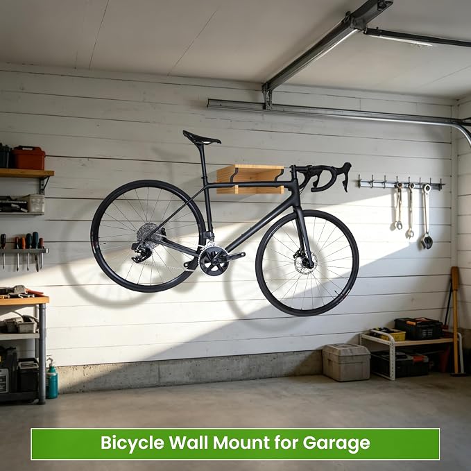 Wooden Bike Wall Mount w/Shelf & Hooks, Road Bike Storage Decor | Solid Wood Rack w/ Angled Slot & Non-Slip Padding Protects Frame. Top Shelf & 4 Hooks For Gear. Stylish For Apartments