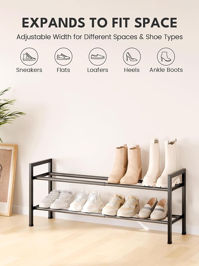 Bumusty 2 Tier Expandable Shoe Rack for Closet, Black | 18"-33" Adjustable Shoe Rack for Entryway, Small Shoe Organizer for Dorm, Front Door, Sturdy Metal