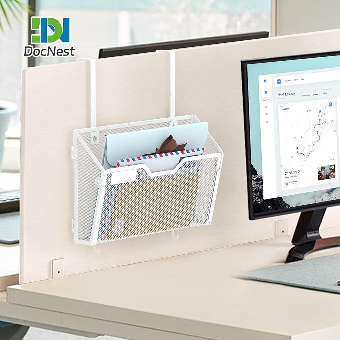 Docnest 3 Pack Mesh Wall File Holders with Hooks for Mail, White | Space-saving vertical design with utility hooks. Ideal paper document organizer for office, home, and school