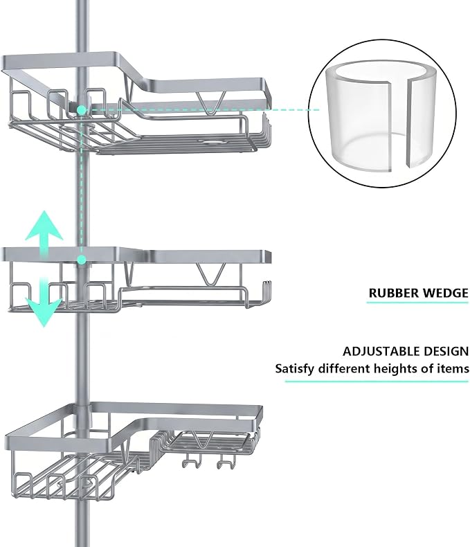 DAOYA Corner Shower Caddy Tension Pole, Light Gray | 4-Tier, Rustproof, Adjustable 25-114.2 Inch, Bathroom Organizer for Renters, Bathtub Shampoo Storage