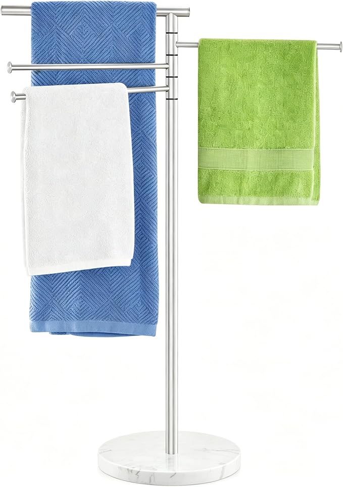 Standing Towel Rack, Stainless Steel Towel Racks for Bathroom with Weighted Marble Base, 4 Swivel Towel Arms Freestanding Outdoor Towel Holder Stand for Pool, Brushed Nickel