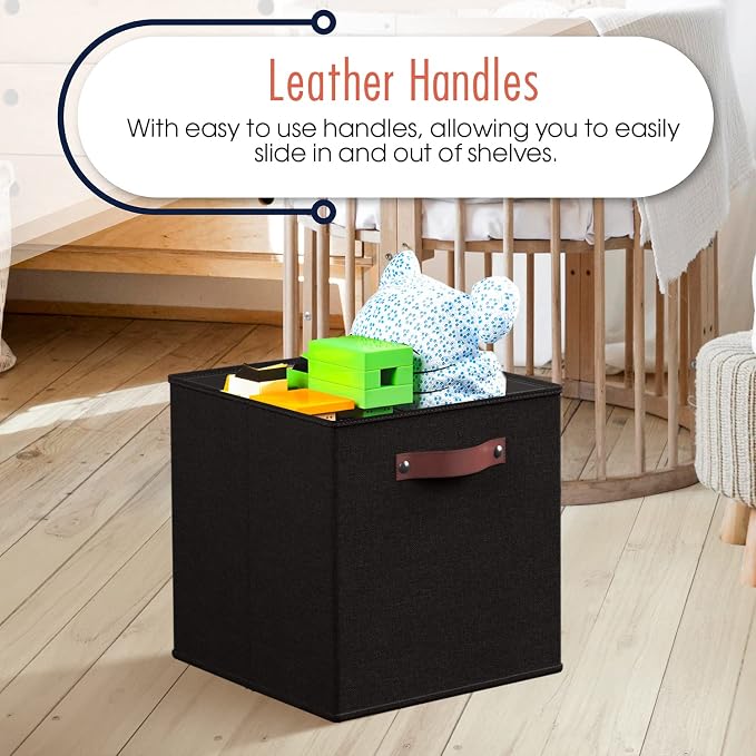 Ornavo Home 13x13 Foldable Fabric Storage Cube Bins, 6 Pack, Black | Collapsible Linen Shelf Basket Organizer; Leather Handles; Ideal Cube Storage For Closet