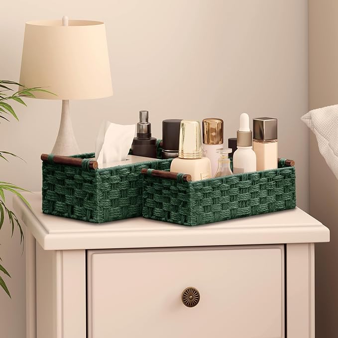 Vagusicc Wicker Storage Basket, Set of 2 Hand-Woven Paper Rope Wicker Basket for Organizing with Handle Decorative Storage Bins for Counter Pantry Shelves Toilet Paper Basket for Toilet Tank Top,Green