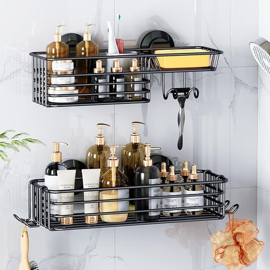 LEVERLOC Shower Caddy Suction Cup, 2 Pack Suction Shower Shelf With Hooks | Black Shower Caddies, Soap holder, NO-Drilling Bathroom Holder, Rustproof bathroom organizer