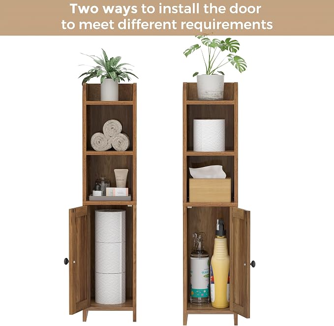 Homhedy Small Bathroom Storage Cabinet, Narrow Toilet Paper Cabinet | Corner Floor Cabinet with Door and Shelves, Slim Bathroom Cabinet for Small Spaces, 7.9" D x 7.1" W x 31" H, Rustic Walnut