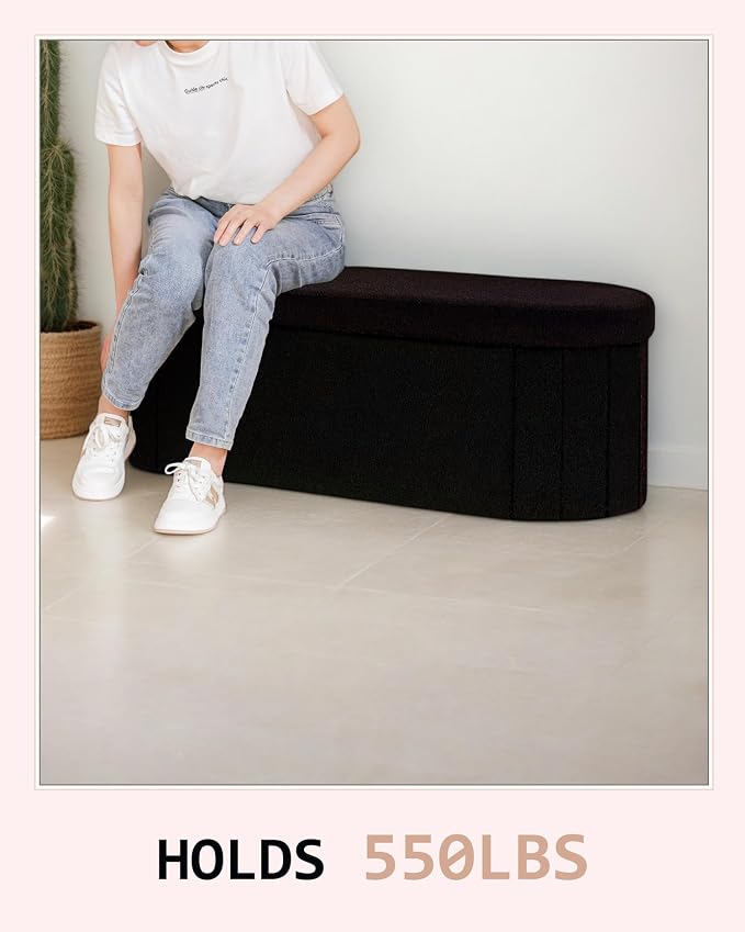 43.3 Inches Foldable Storage Ottoman Bench, Oval Footrest | Teddy Boucle Fabric, Hidden Storage, Soft Padded Seat, End Of Bed Bench For Bedroom, Living Room and Entryway, Black