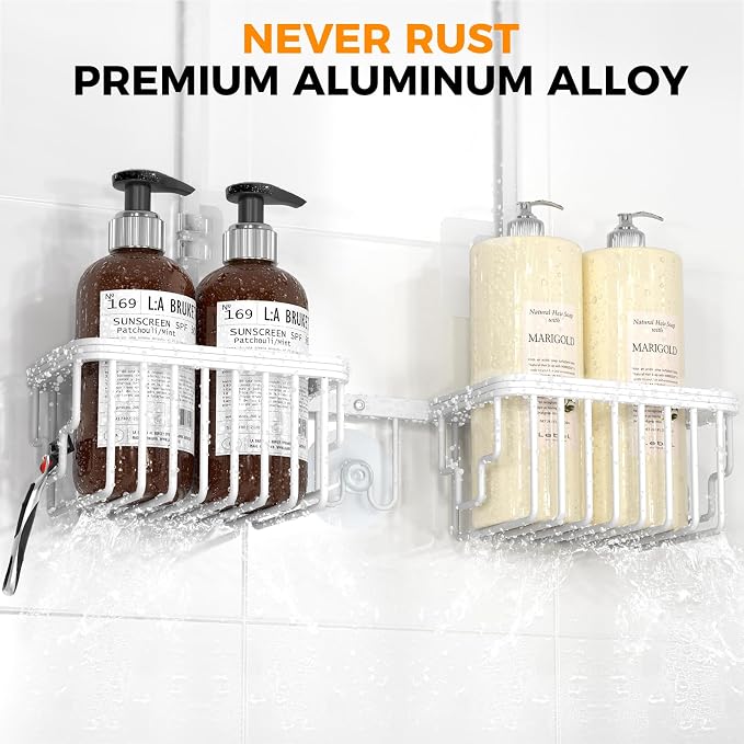 Adjustable Aluminum Shower Caddy Hanging for Handheld Showerhead, White | Rustproof Aluminum, Shower Organizer, Anti-Slip, Quick-Drain Shelf, 40lbs Capacity, Suction Cups, 8 Hooks, Razor Soap Holders