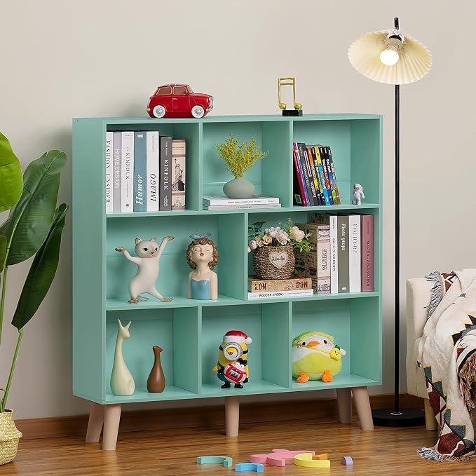LEYAOYAO 8 Cube Bookshelf, Mid-Century Modern Book Shelf with Legs, Green | 3 Tier Bookcase, Rustic Wood Bookshelves Freestanding Large Storage Organizer, Open Shelves for Bedroom, Living Room, Office