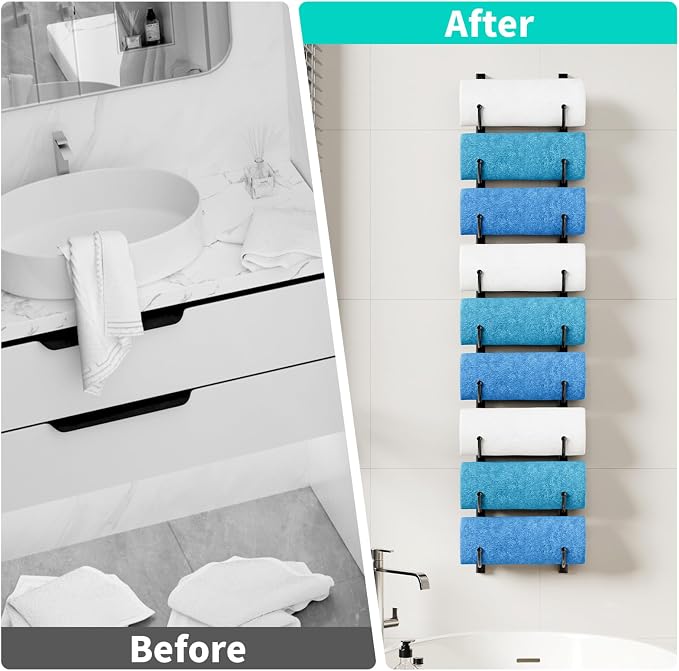 HapiRm Rolled Towel Racks for Bathroom - 9-Tier Over The Door & Wall Mounted Bathroom Towel Storage, Hanging Metal Organizer for Towels & Bath Sheets, Space Saving Rack for Bathroom, Camper, RV, Black