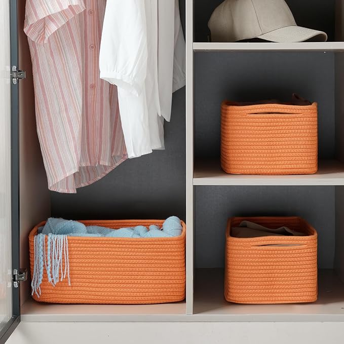 3-Pack Storage Baskets for Organizing | Woven Shelf Toy Basket | Rope Baskets for Gifts Empty | Closet Organizer Bins with Handles | Cube Decorative Box | 13.7×7.1×6.7” | Orange