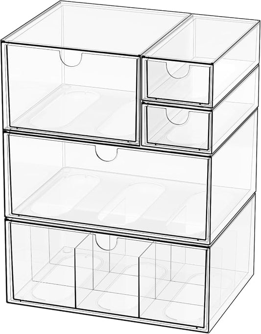 Clear 5-Drawer Stackable Desk Organizer Storage Set | Unique nine-grid drawer, Acrylic, Separate drawers, Dustproof, Easy to clean, for Office supplies, Pens, Jewelry, Makeup