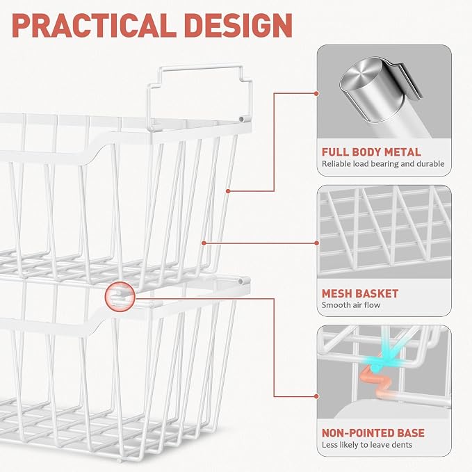 Goovilla Freezer Organizer Bins for 5-7 Cu.FT Chest Freezer, 4 Pack White | Foldable Handle Stackable Freezer Baskets, Coated Metal Freezer Storage Bins with Better Space Utilization, Deep Organization
