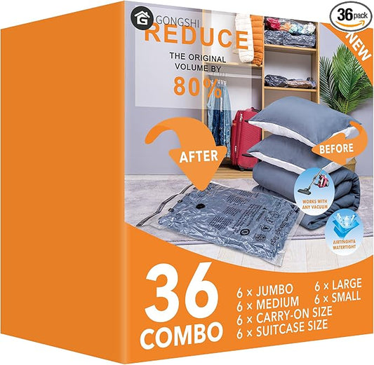 GONGSHI Vacuum Storage Bags, Space Saver Seal Bags For Clothing, Travel Luggage,Blankets, Comforters, Pillows, Clothes Storage.36 Combo