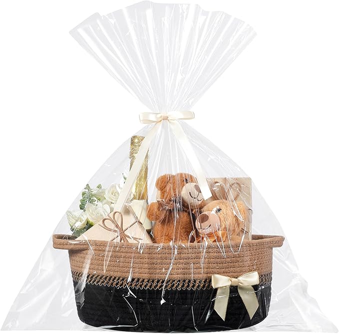 Colingmill 1 Set Woven Empty Basket for Gift,Black Brown | with Cellophane Wrap Set, 14 x 10 x 5.5 Inch, Medium Decorative Gift Basket, Cotton Rope Storage Box, Home Decor