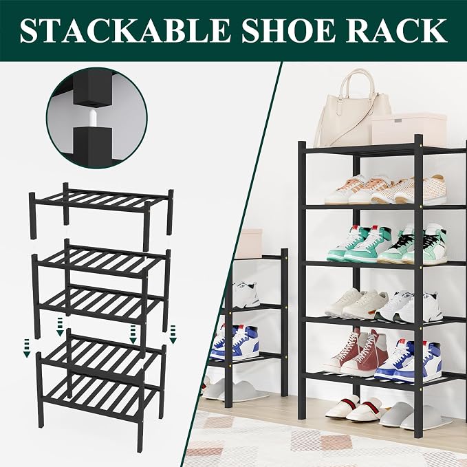 Smiry Bamboo Shoe Rack, 12 Vertical Slats, 5 Tier - 17.3" Wide, Black | Stackable Free Standing Wooden Shoe Organizer, Wood Shoe Storage Shelf for Closet, Entryway