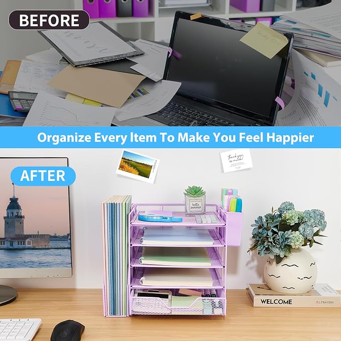 Desk Organizers and Accessories, 5-Tier Paper Letter Tray Organizer with File Holder, Drawer & Pen Holder, Office Desk Accessories, Desktop Organizer for Classroom Office Supplies, Purple