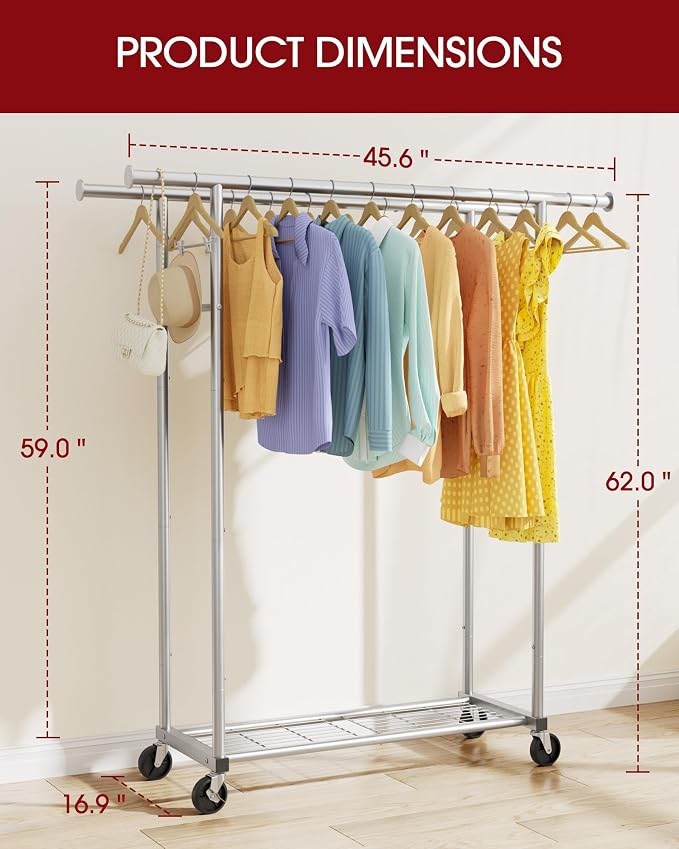 Sakugi Mobile Double Rod Clothes Rack, Freestanding Garment Organizer with Medium Load Capacity and Bottom Storage Shelf for Home Use,Silver