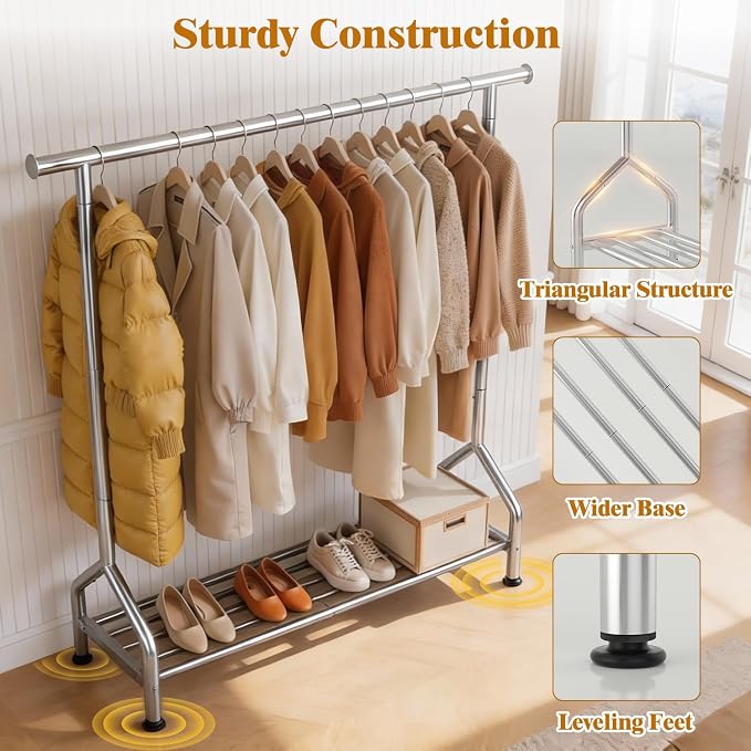 EAGMAK Sturdy Clothing Racks with Shelf, Metal Clothes Rack with Leveling Feet for Hanging Clothes, Freestanding Garment Coat Rack for Bedroom, Apartment & Small Spaces, Silver