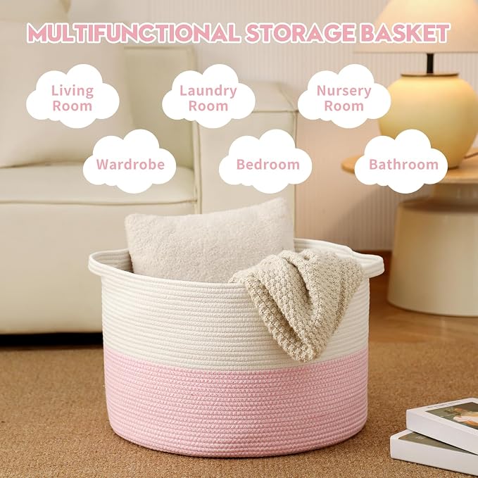 Foldable Laundry Hamper Basket with Collapsible Handle Cotton Rope Soft Woven Fabric Storage Organizer Clothes Toys Nursery Bedroom Dorm Space Saving Bin (White & Pink, 65L(19.7"D x 12.6"H))
