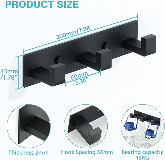Alise Coat Hook Wall Mount Hat and Coat Rack with 3 Hooks Wall Mount,Black | Key Hooks for Robes,Bags,Keys,and Towels,SUS304 Stainless Steel Wall Hooks for Hanging,Self Adhesive or Drilling