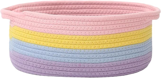 JMvicyroam Small Woven Basket, Empty Gift Basket, Rainbow/1 Pack | Small Gift Basket, Cotton Rope, 12 x 8 x 51 in, Handles, Includes Ribbon and Bag, Birthday Gift Basket