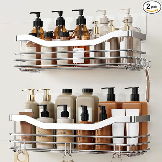 Orimade Shower Caddy Basket Shelf with 5 Hooks Adhesive Organizer Storage Rack Rust Resistant Wall Mounted Stainless Steel No Drilling for Bathroom, Toilet, Kitchen - 2 Pack