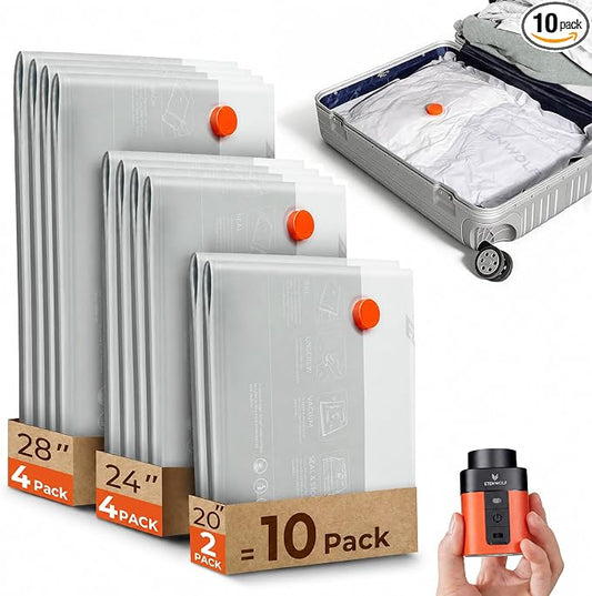 TENWOLF 10 Combo Vacuum Storage Bags for Travel with Wireless Pump | Vacuum Seal Bags for Clothing Travel, Compression Packing Bags for Clothes and Blankets, Space Saver Bags in Carry-On Sizes