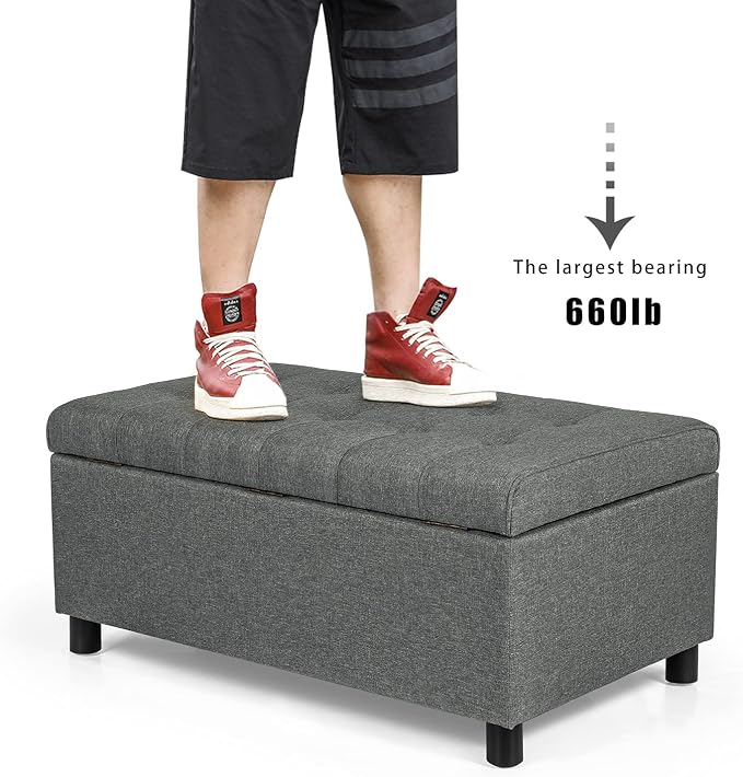 Joveco 34" Ottoman with Storage,Tufted Storage Ottoman Bench with Legs | Fabric,Safety Hinge,Upholstered,Rectangular,Entryway Bench with Seating for Living Room Bedroom Gray