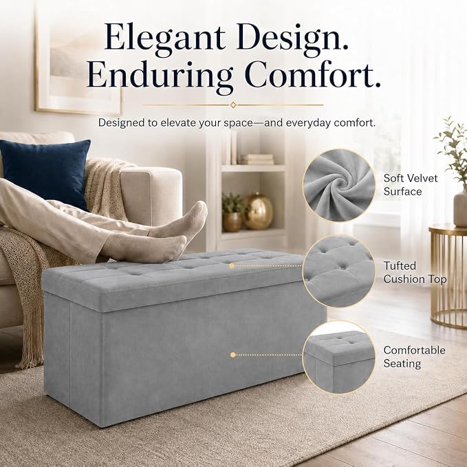 ALASDO 43 Inch Folding Storage Ottoman Bench with Hidden Storage, Velvet Storage Ottoman Foot Rest Stool, End of Bed Bench for Bedroom, Living Room, Entryway and Closet, Dark Gray