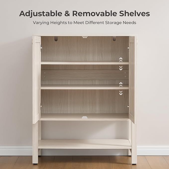SICOTAS Rattan Shoe Cabinet with Storage, 5 Tier, 3 Pieces | Farmhouse Shoe Organizer with Doors & Shelves, Free Standing Shoe Rack Cabinet for Entryway, Living Room (White Cream Oak)