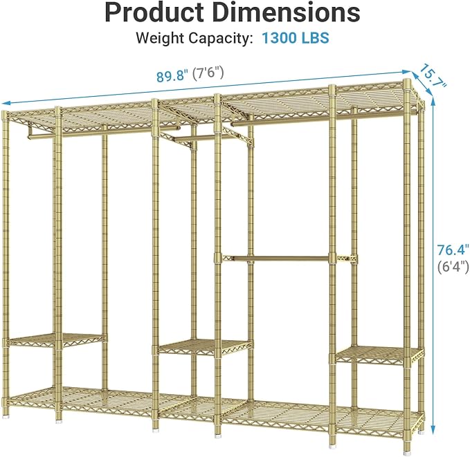 VIPEK V50 Modern Clothing Rack with Adjustable Shelves, Gold | Extra Large Freestanding Garment Rack with 1300 Lb Capacity, 10 Shelves & 4 Rods, Gold Finish, Dressing Room/Boutique Display