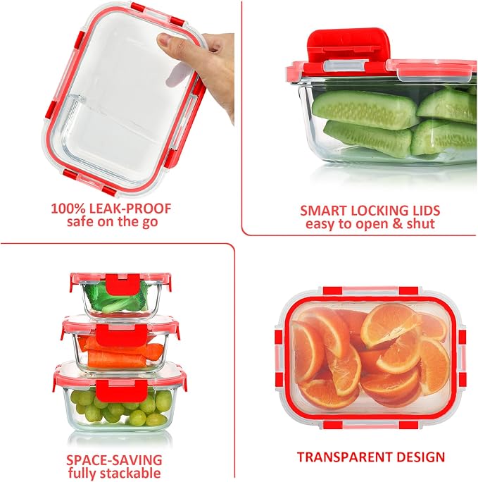 24 Pieces Glass Food Storage Containers Set, Meal Prep Containers, BPA-Free Airtight Glass Storage Containers with lids, Freezer, Microwave and Oven Safe, Red
